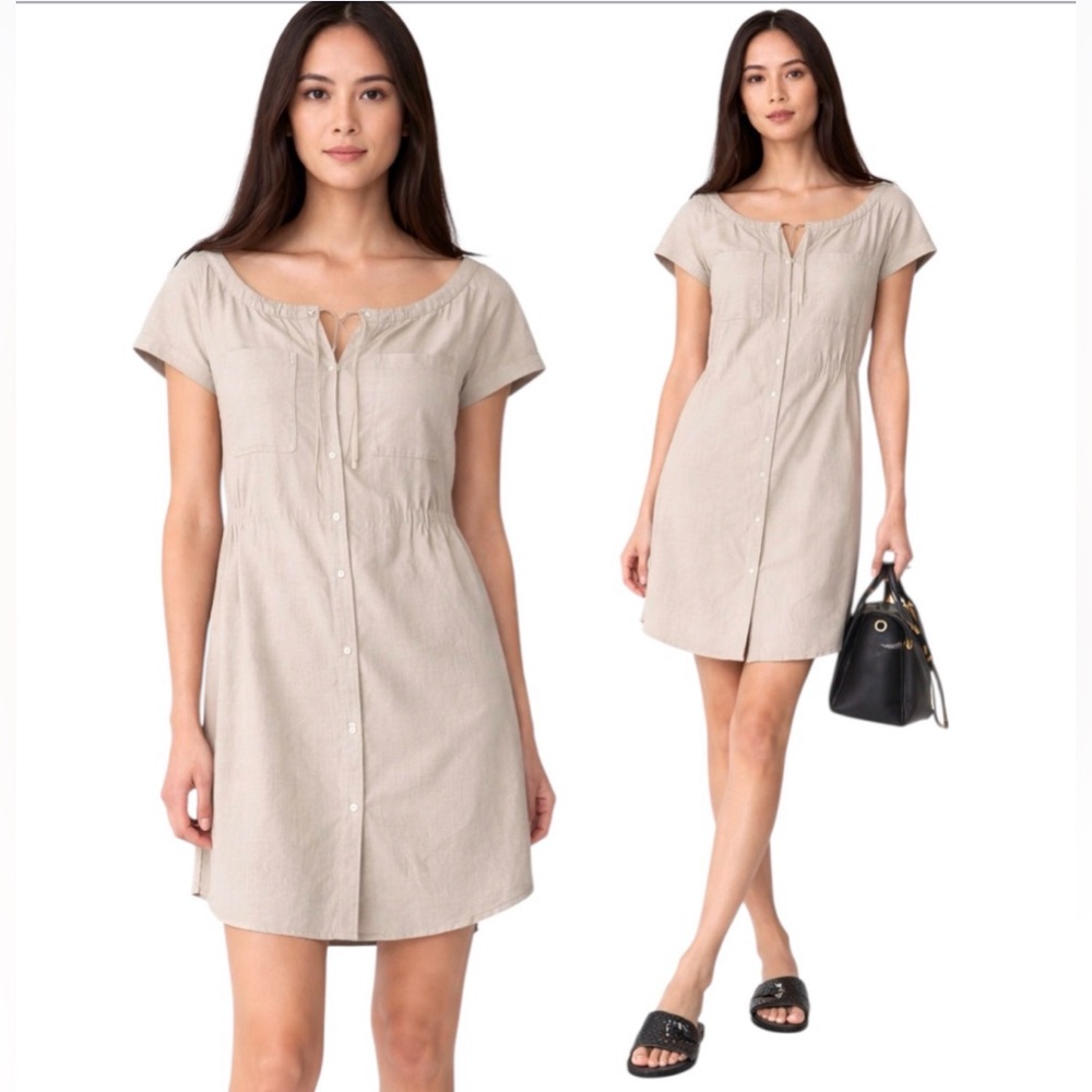 Theory Laela Dress Size 4 Off Shoulder Linen Cinch Waist Button Up Cotton Olive
